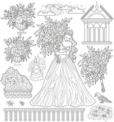 Monochrome fantasy design set with beautiful princess, flowers, castle, floral elements. Vector line art illustrations for clipart, stickers, coloring book isolated on white background. 
