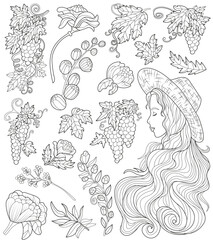 Monochrome design set with grape berries, leaves, flowers, floral elements and beautiful girl. Vector line art illustrations for clipart, stickers, coloring book isolated on white background. 