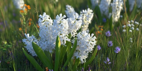 Beautiful white hyacinth flowers surrounded by vibrant greenery and colorful wildflowers in a serene natural setting