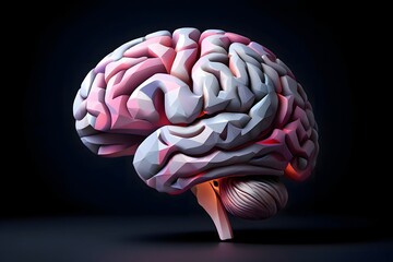 Stylized brain model with pink and white facets on a dark background showcasing human anatomy