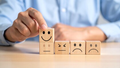 A hand placing a happy face emoji block on a wooden table with other emoji blocks