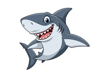 Naklejka premium Happy cartoon shark with big teeth smiling playfully in the ocean depths
