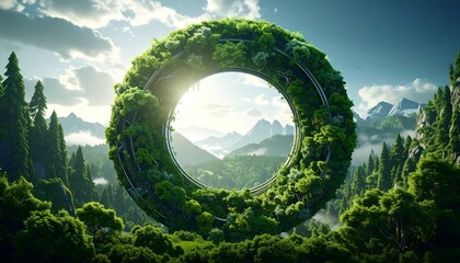 Circular, verdant structure in a mountainous landscape