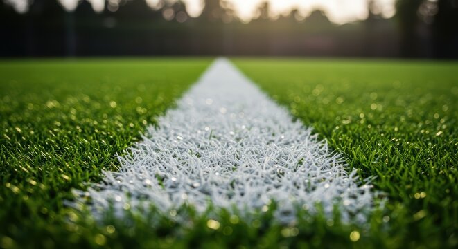 White line on green artificial turf of soccer field. Sport background for football game. Macro view of new grass cover on stadium for banner or sport blog post.	
 - Powered by Adobe