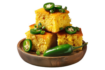 Spicy cornbread squares with fresh jalapeno slices on wooden plate, isolated on white transparent background, concept of rustic homemade food