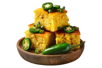Spicy cornbread squares with fresh jalapeno slices on wooden plate, isolated on white transparent background, concept of rustic homemade food