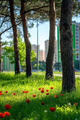 Poppies dot sunlit grass under tall pines by city buildings