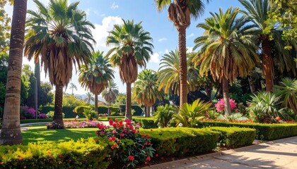 Lush Botanical Garden with Towering Palm Trees, Vibrant Greenery, and Colorful Flowers Under a Clear Blue Sky.