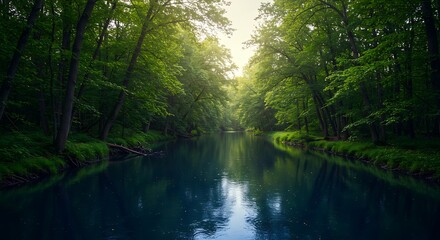Obraz premium Serene river flowing through lush green forest with sunlight filtering through