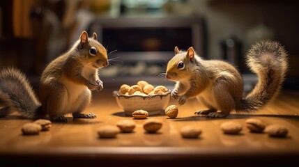 Two squirrels facing each other with a bowl of nuts and nuts scattered on a wooden surface indoors