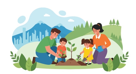 Adobe illustrator artwork vector illustration. A happy family, a father, mother, son, and daughter, plant a tree together in a park with a city and mountains in the background, promoting environmental