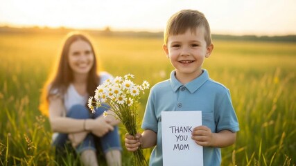 Happy Son Gives Mom Flowers and Thank You Card on Mothers Day