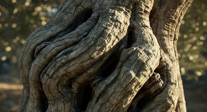 Close up of textured olive tree trunk with sunlight and detailed bark - Powered by Adobe