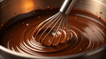 Fototapeta premium Close up of a metal whisk blending rich glossy molten chocolate in a stainless steel bowl creating swirls