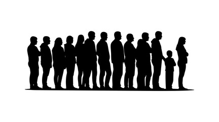 Silhouette of people standing in a queue on white background. diverse people.