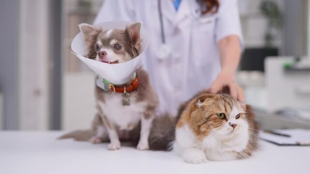 Close up of Chihuahua puppy and Persian cat on table in veterinary clinic. 