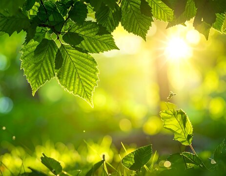 Lush green leaves frame a sunlit forest scene