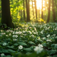 Lush green forest with blooming wild garlic flowers in sunlight  high resolution   for isolate image