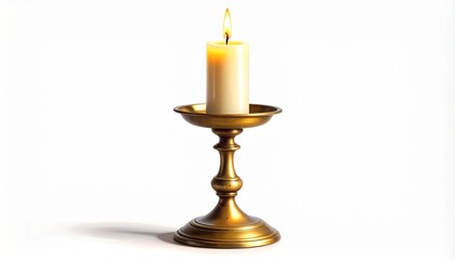Describe a lit ivory candle in a brass holder on a white background. Highlight warmth, elegance, ceremonial symbolism, and classic design with flame, texture, and minimalist composition.