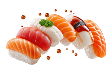 Sushi floating in rice and soy sauce an artistic kitchen photography scene, isolated on transparent background