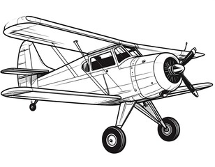 Black and white illustration of a biplane.  Vintage aircraft drawing