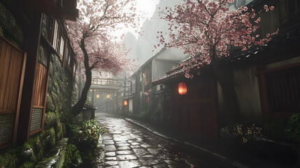 Discover serene beauty in a Japanese village street adorned with vibrant cherry blossoms, a timeless scene for travel, culture, and peaceful living