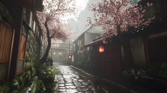Discover serene beauty in a Japanese village street adorned with vibrant cherry blossoms, a timeless scene for travel, culture, and peaceful living