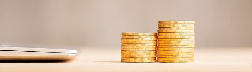 Online Banking Security and Data Protection, Stacks of coins beside a smartphone on a wooden surface, symbolizing finance and investment.