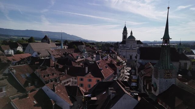 St. Urus Roman Catholic church Solothurn Switzerland medieval town aerial drone