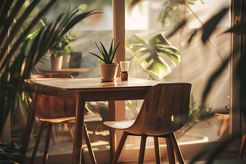 Cozy Interior: A tranquil interior bathed in warm sunlight, featuring a wooden table and chair, adorned with potted plants. Capture the beauty of home.