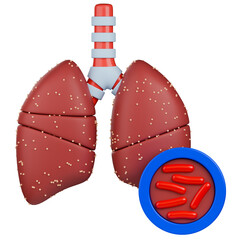 Lung with miliary tuberculosis 3d illustration. Tiny granulomas scattered across the lung tissue, with a magnified view of the rod-shaped Mycobacterium tuberculosis bacteria.