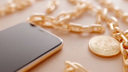 Online Banking Security and Data Protection, Mobile phone accompanied by a gold chain and a Bitcoin coin, symbolizing wealth and technology.
