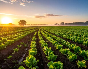 Lush green lettuce field at sunrise