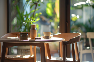 Cozy Café Corner: Sun-drenched corner of a tranquil café, with a table adorned with a coffee cup, vase, and gentle daylight filtering through the window.