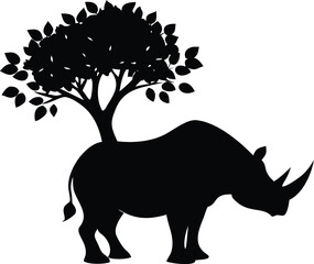 Silhouette of a rhinoceros with a tree growing from its back