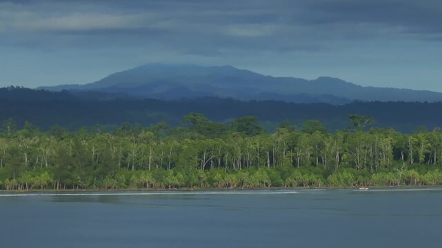 Wewak sea waves pristine beach Wewak Hill Cape Wom Dogreto aerial drone Papua New Guinea Pacific Ocean remote tropical jungle untouched coastline sunny dry season blue sky morning mountain hill static