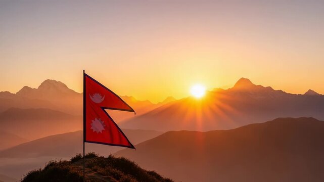 Majestic nepal flag proudly waving atop a serene mountain peak illuminated by a breathtaking sunrise over the iconic himalayan landscape