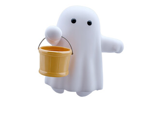 3D Cartoon Halloween Ghost Clip Art: Cute Ghost Holding Halloween Bucket (White Background, Transparent Tech Style, Shadowless, Ultra-High Quality)