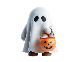 Ultra-High Quality 3D Cartoon Halloween Ghost Clip Art: Cute Ghost Holding Halloween Bucket (White Background, Transparent Tech Style, Shadowless)