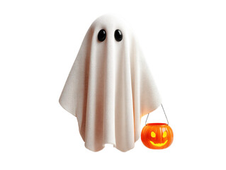 3D Cartoon Halloween Ghost: Cute Ghost Holding Halloween Bucket (White Background, Transparent PNG)