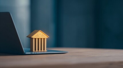 Online Banking Security and Data Protection, A miniature bank building sits on a laptop, symbolizing finance and technology integration.