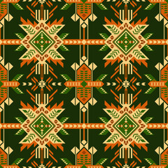 A bold geometric tribal-inspired pattern with star-like motifs, creating a striking and symmetrical textile design. Geometric Native American ethnic pattern. Vector ethnic seamless motif design. 
