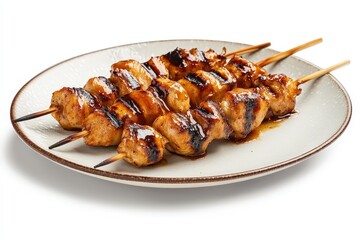 Grilled chicken skewers on a plate, close-up view.