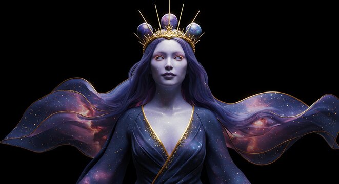 Mystical portrait of a woman with flowing hair wearing a celestial crown - Powered by Adobe