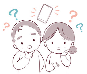 スマートフォンの操作に悩むシニアの男女