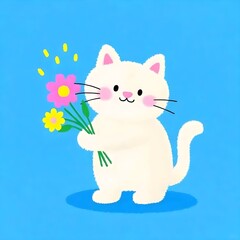A charming illustration of a cute white cat holding a bouquet of colorful flowers, a sweet gesture of love and friendship