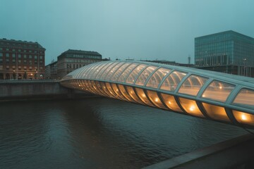 Illuminated Modern Bridge Arches Over a River at Dusk