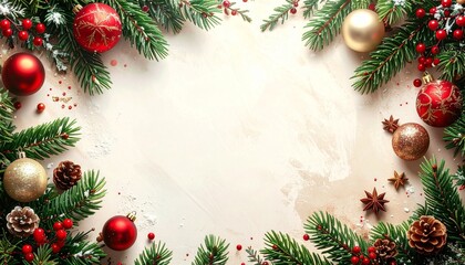 Christmas border with snowy evergreen branches, ornaments, and blank parchment center