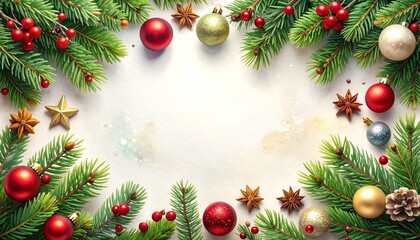 Christmas border with snowy evergreen branches, ornaments, and blank parchment center