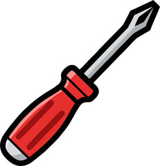 Angled Cartoon Screwdriver with Red Handle and Silver Blade, Black Outline
